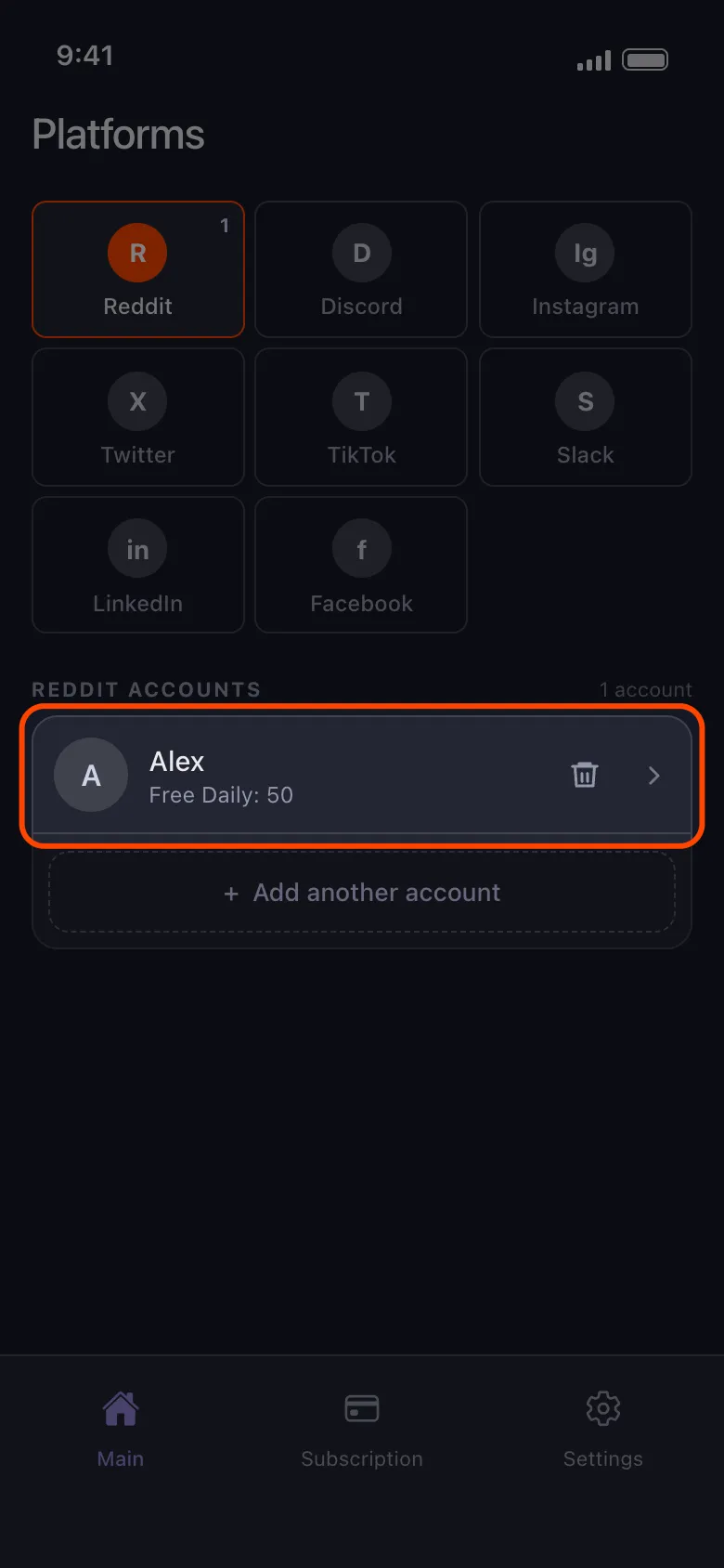 The Reddit accounts list with the newly added account highlighted.