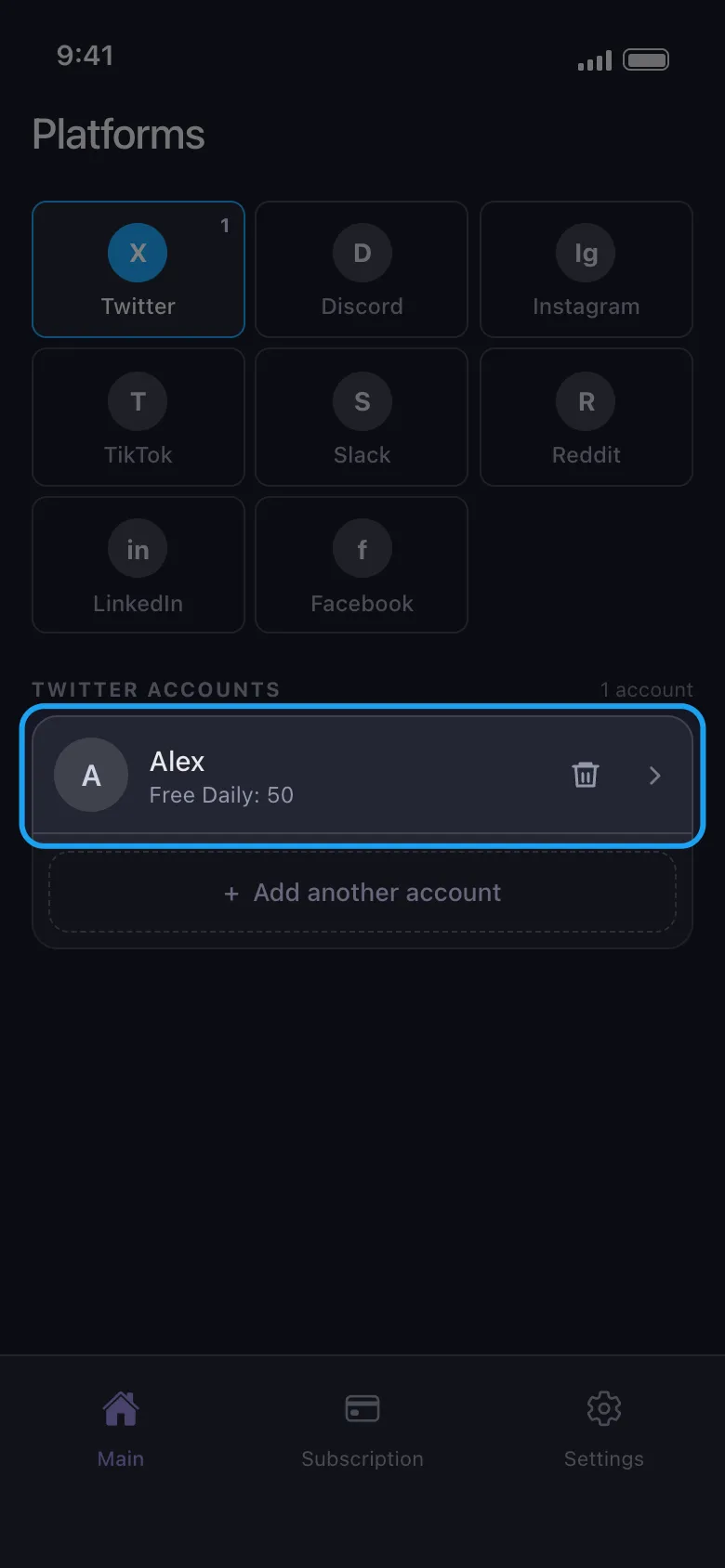 The Twitter accounts list with the new account highlighted, showing Free Daily: 50 under its name.