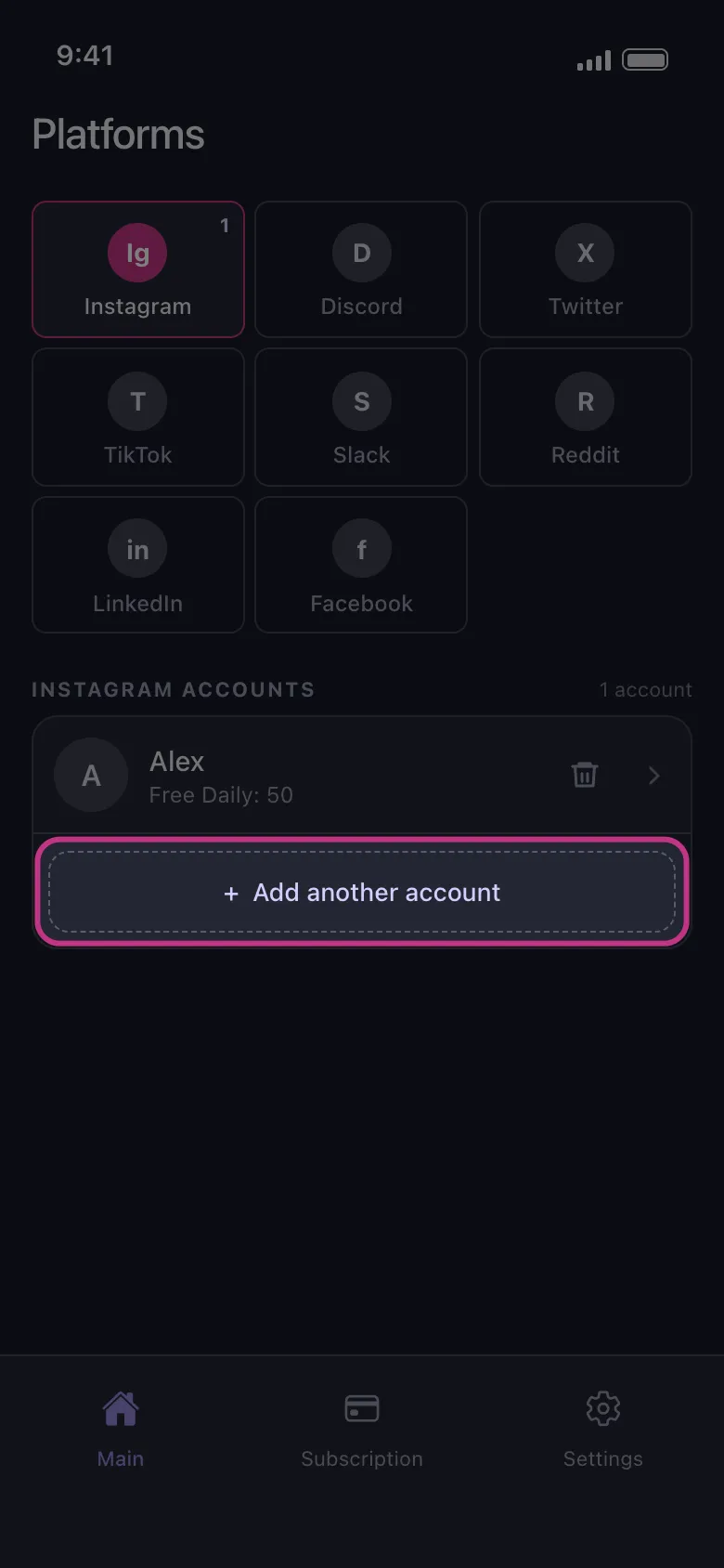 The Instagram accounts list with the Add another account button highlighted under the first account.