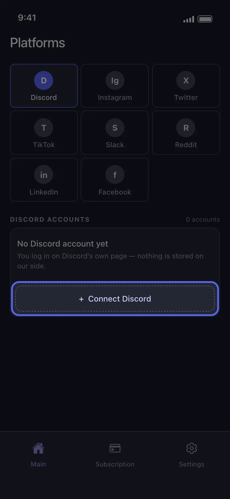 The Discord accounts list, now empty, with the Connect Discord button highlighted.