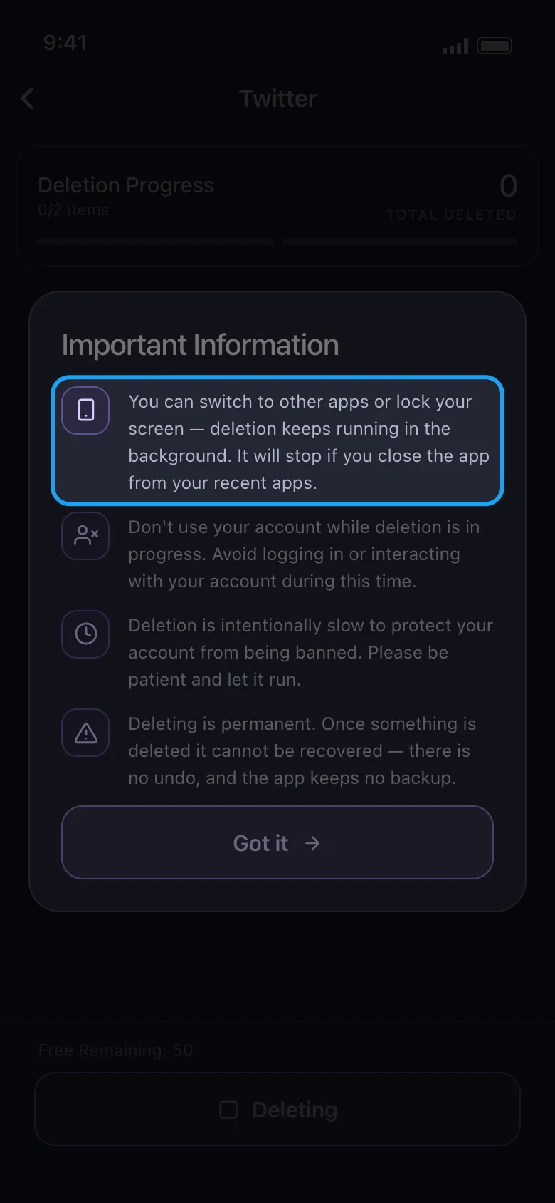 The Important Information popup on Android with the rule about running in the background highlighted.