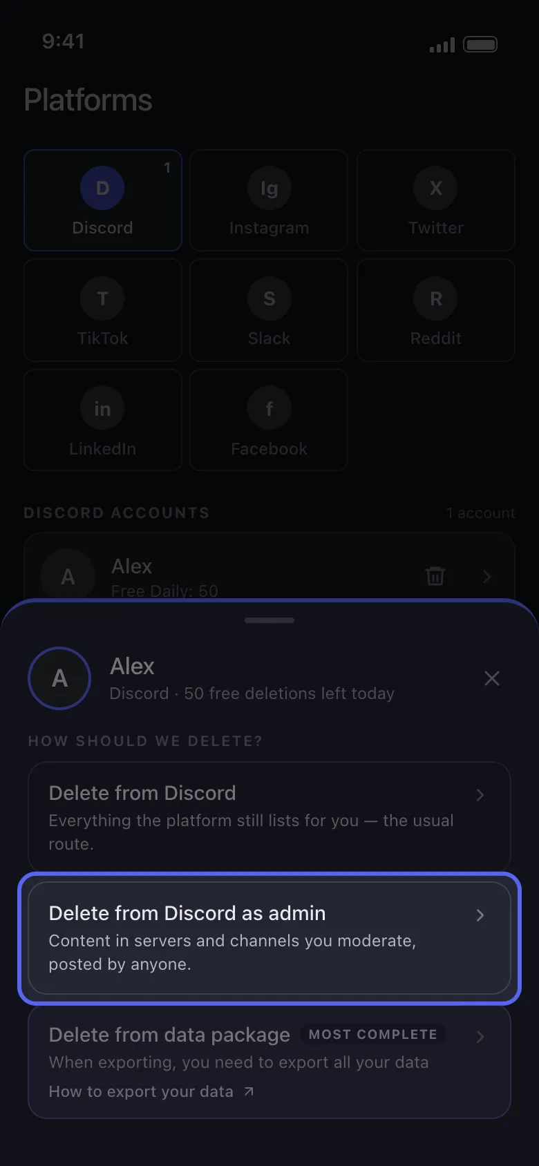 The How should we delete? sheet for Discord with Delete from Discord as admin highlighted.