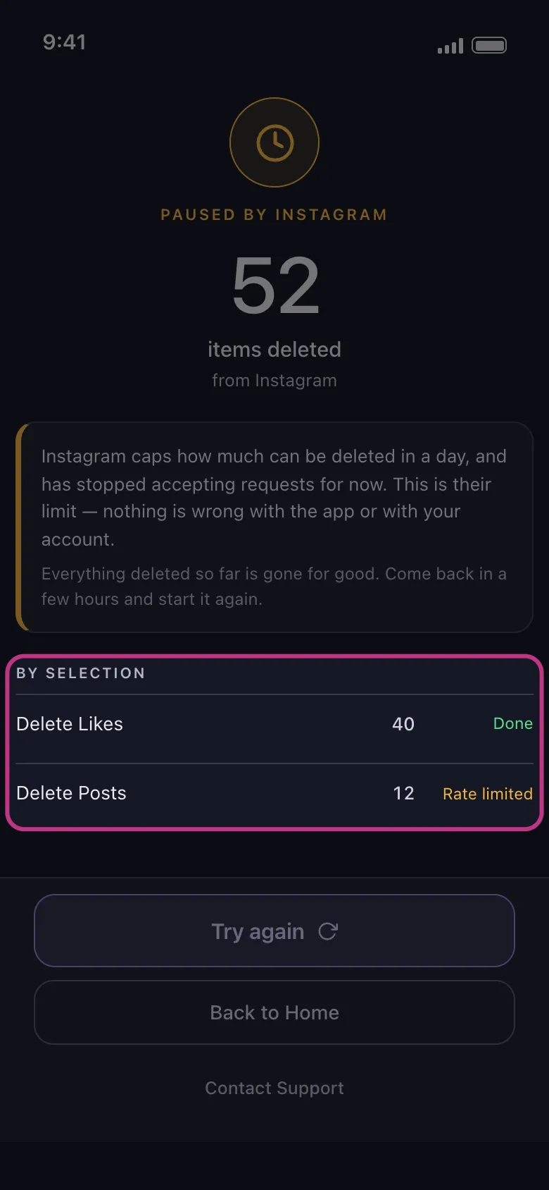 The By selection list highlighted: Delete Likes done, Delete Posts rate limited.