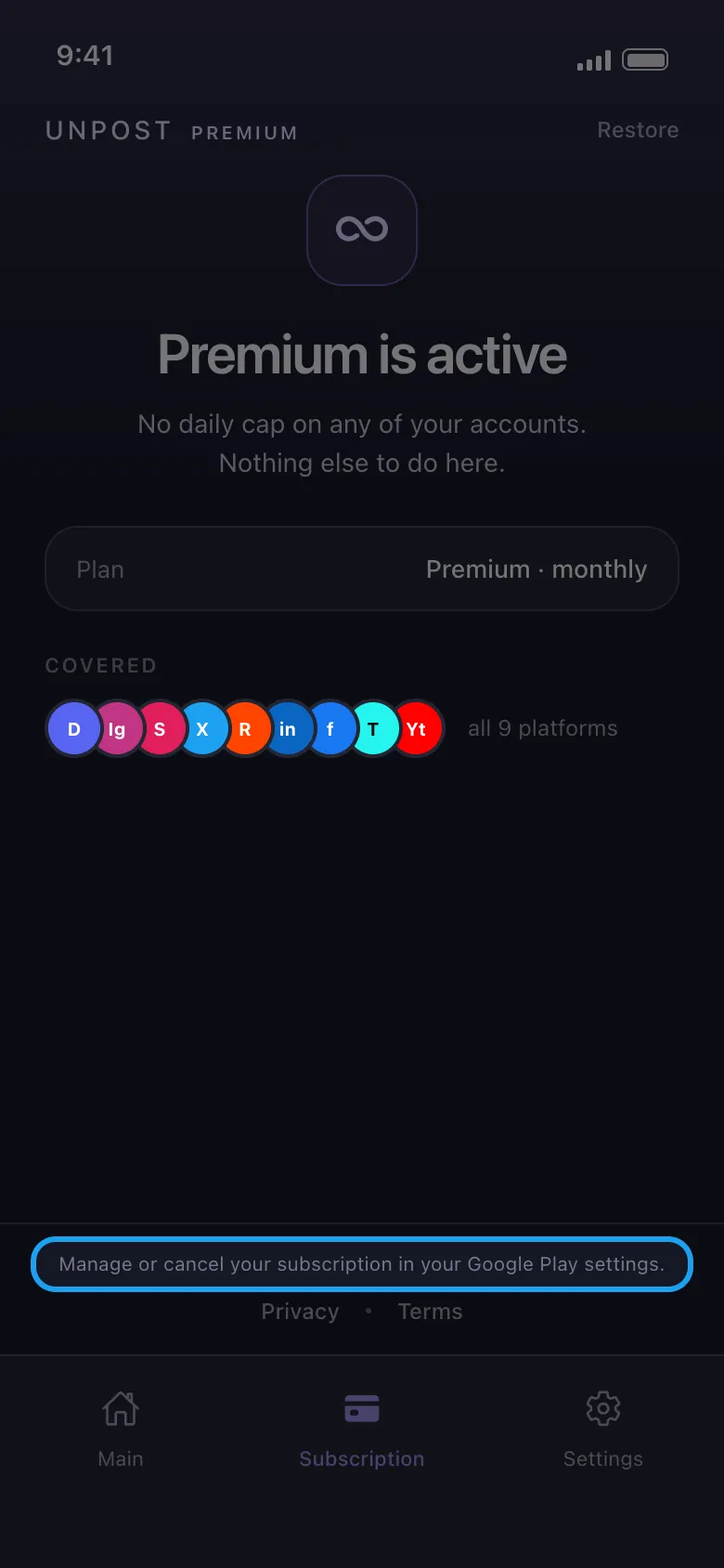 The note Manage or cancel your subscription in your Google Play settings, highlighted.