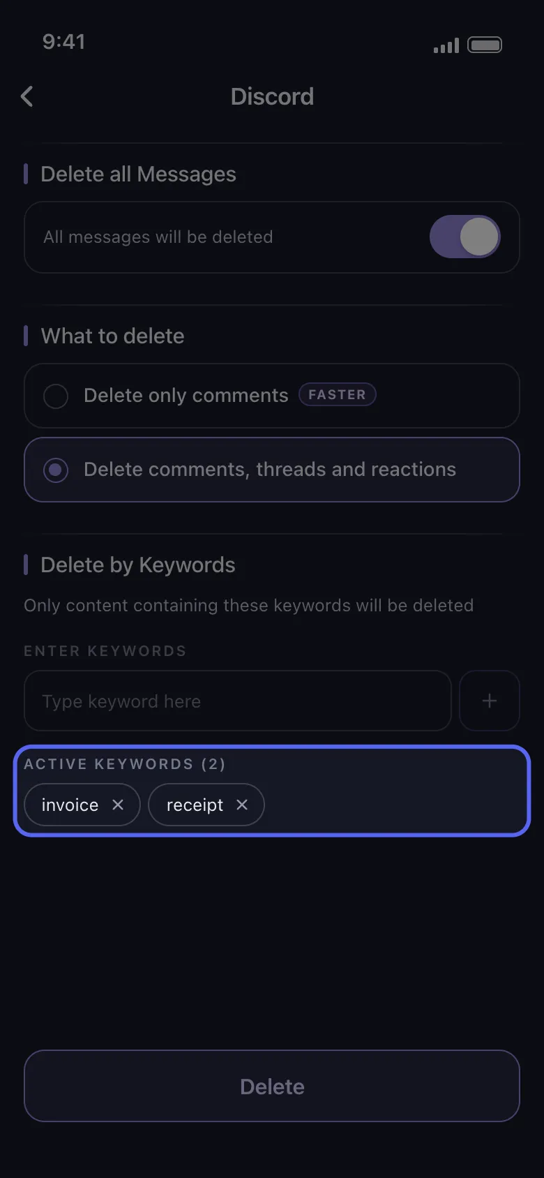 The Delete by Keywords section with two keyword chips, invoice and receipt, highlighted under Active Keywords.