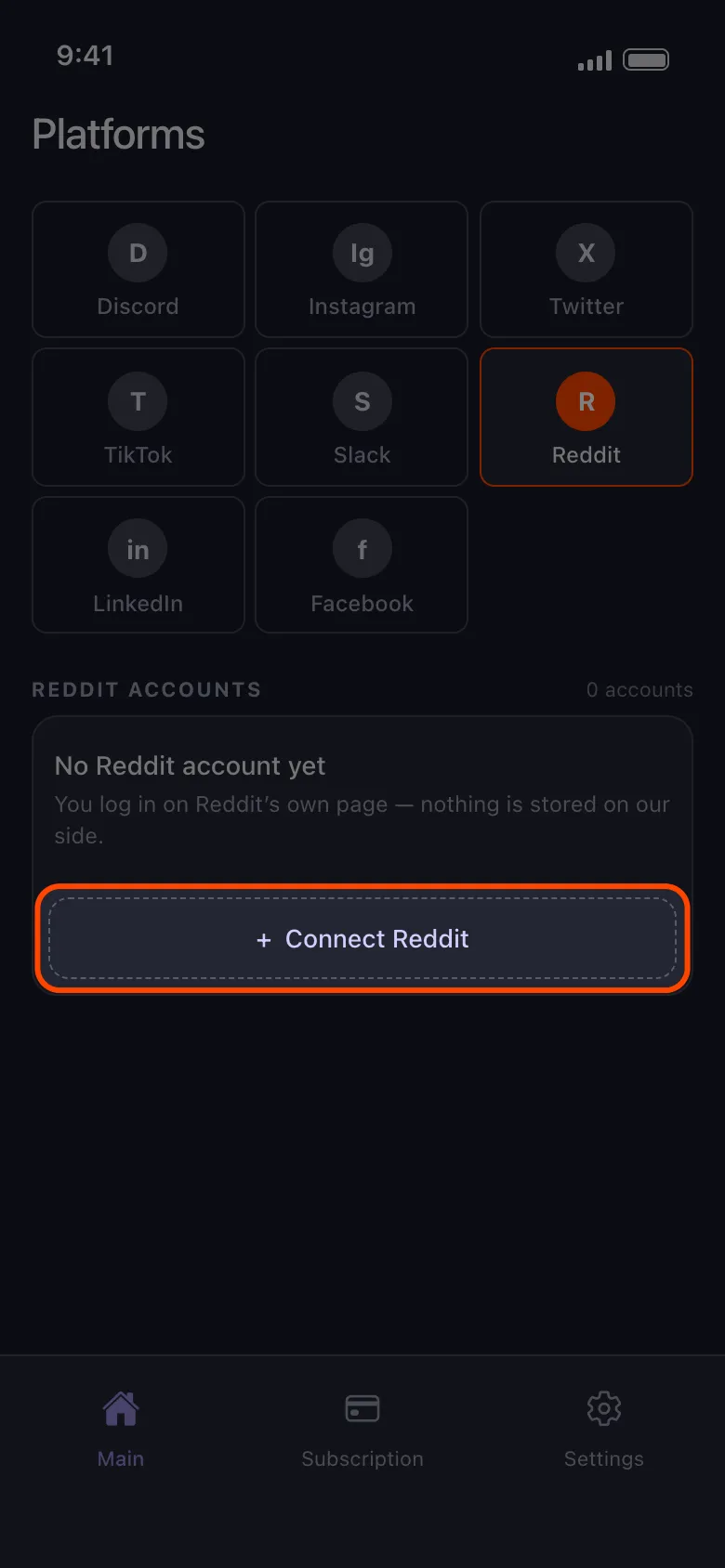 The Platforms screen with Reddit selected and the Connect Reddit button highlighted.