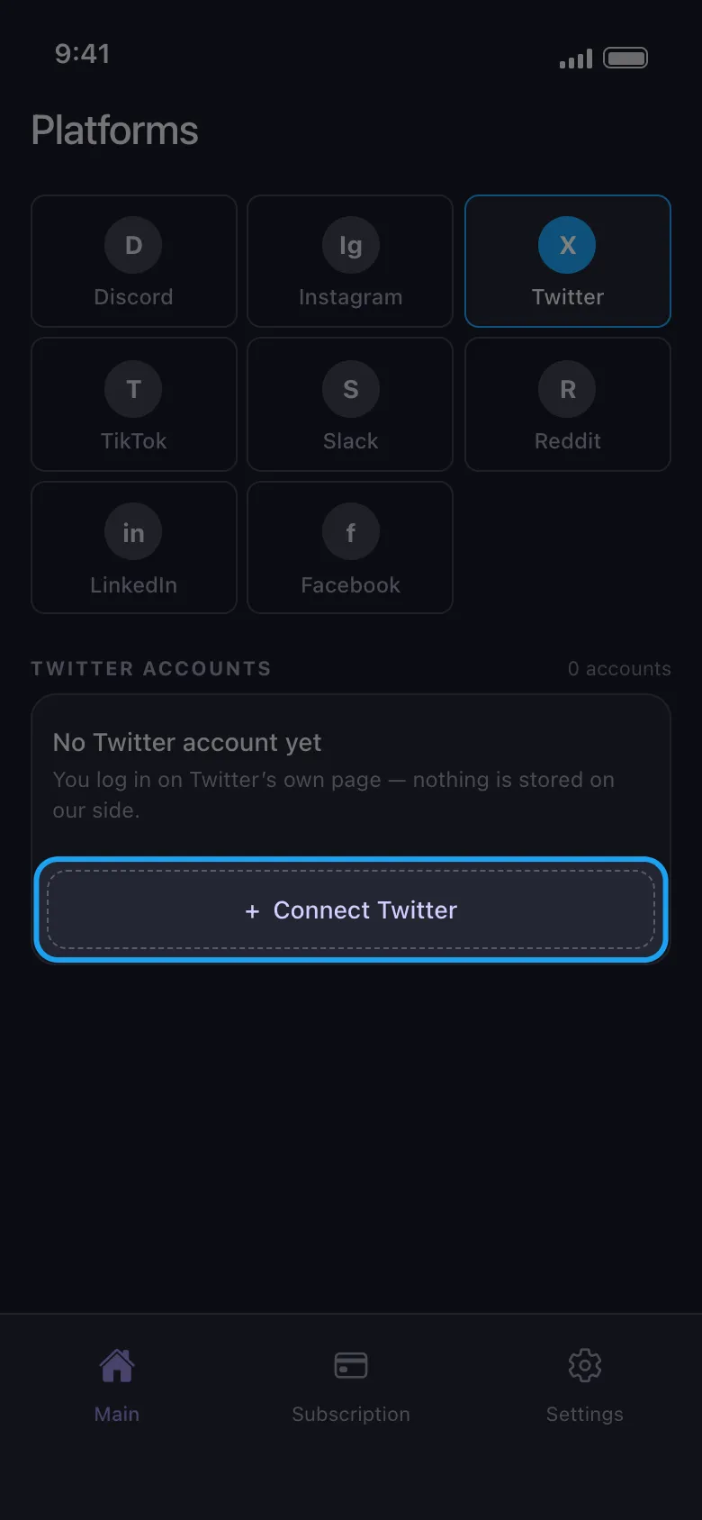 The Platforms screen with Twitter selected and the Connect Twitter button highlighted.