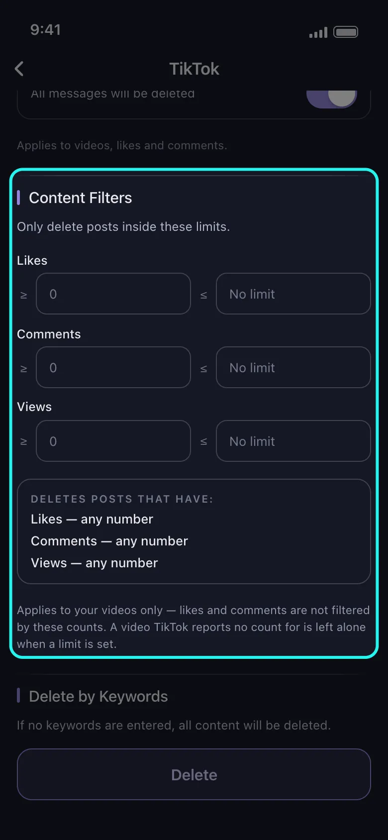 TikTok’s options screen with the Content Filters section highlighted: Likes, Comments and Views, each with a ≥ and a ≤ box.