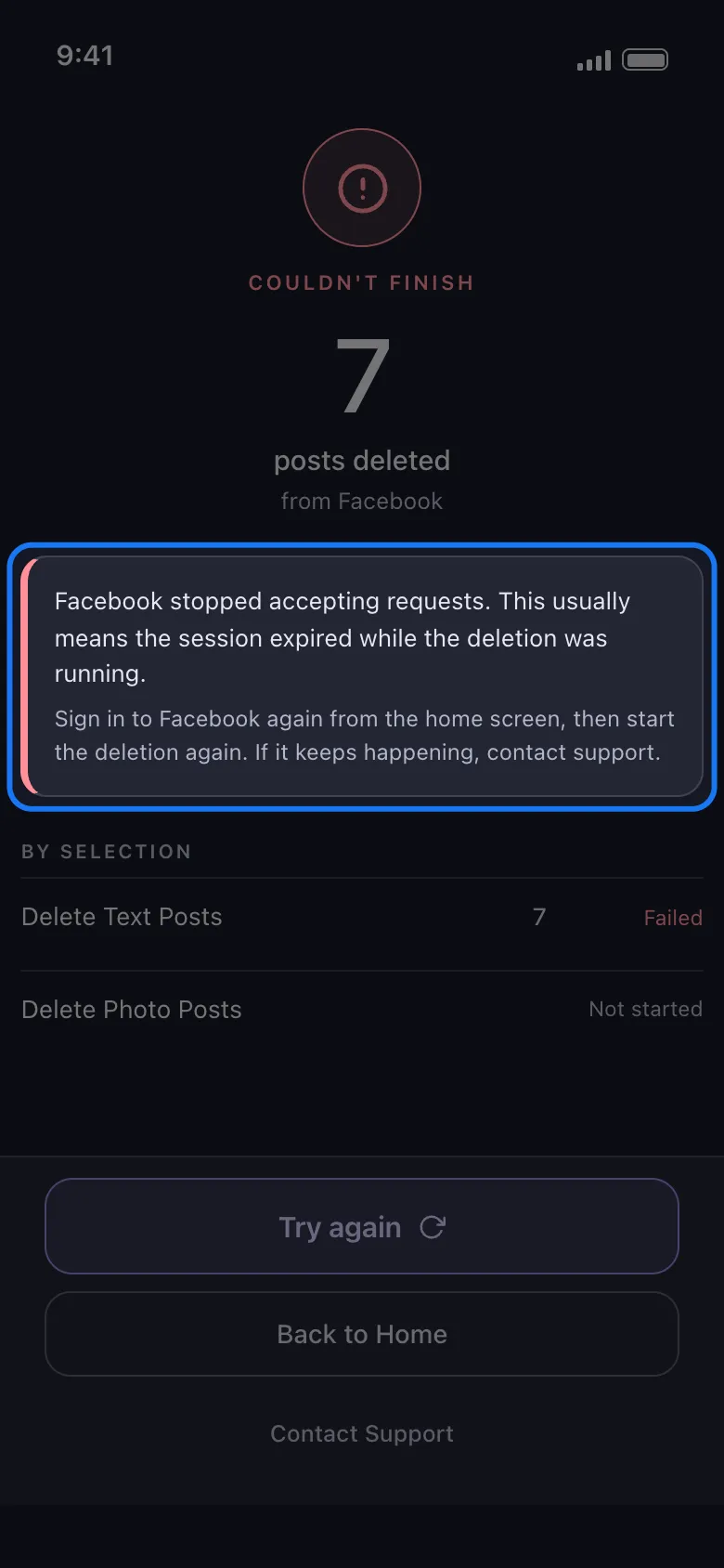 The Couldn’t finish result with its explanation highlighted.