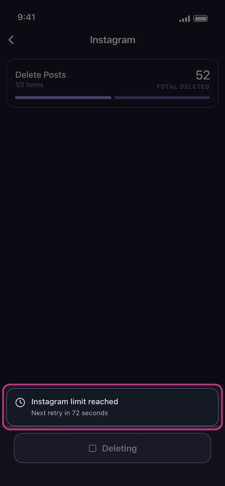 The run screen with the Instagram limit reached, Next retry in 72 seconds banner highlighted.