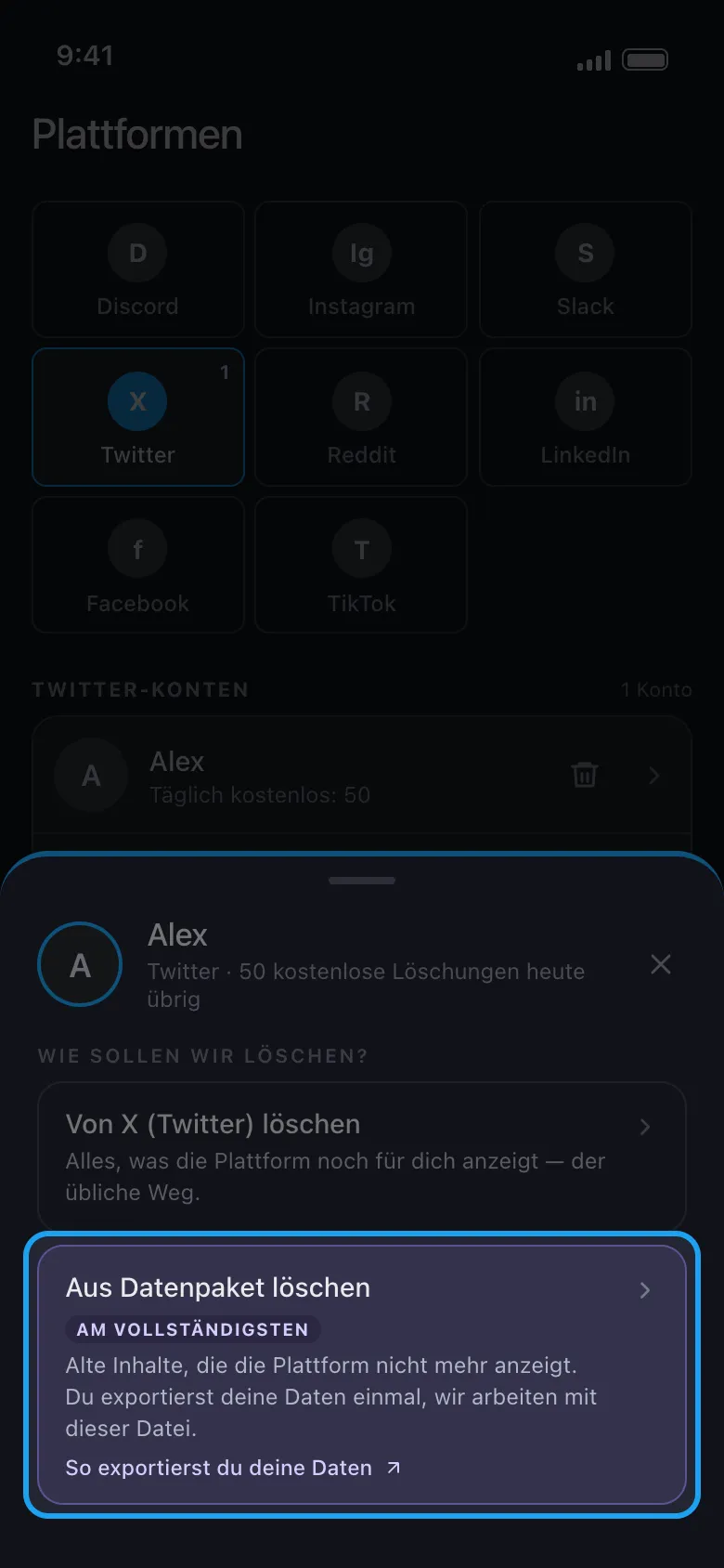 Unpost Aktionsmenü mit der Option „Aus Datenpaket löschen“ hervorgehoben