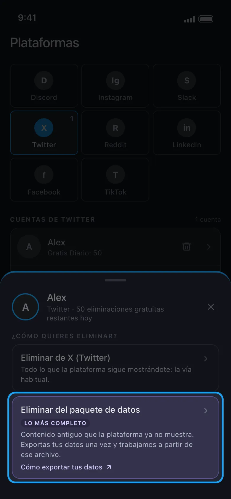 Menú de acciones de Unpost con la opción Eliminar del paquete de datos resaltada