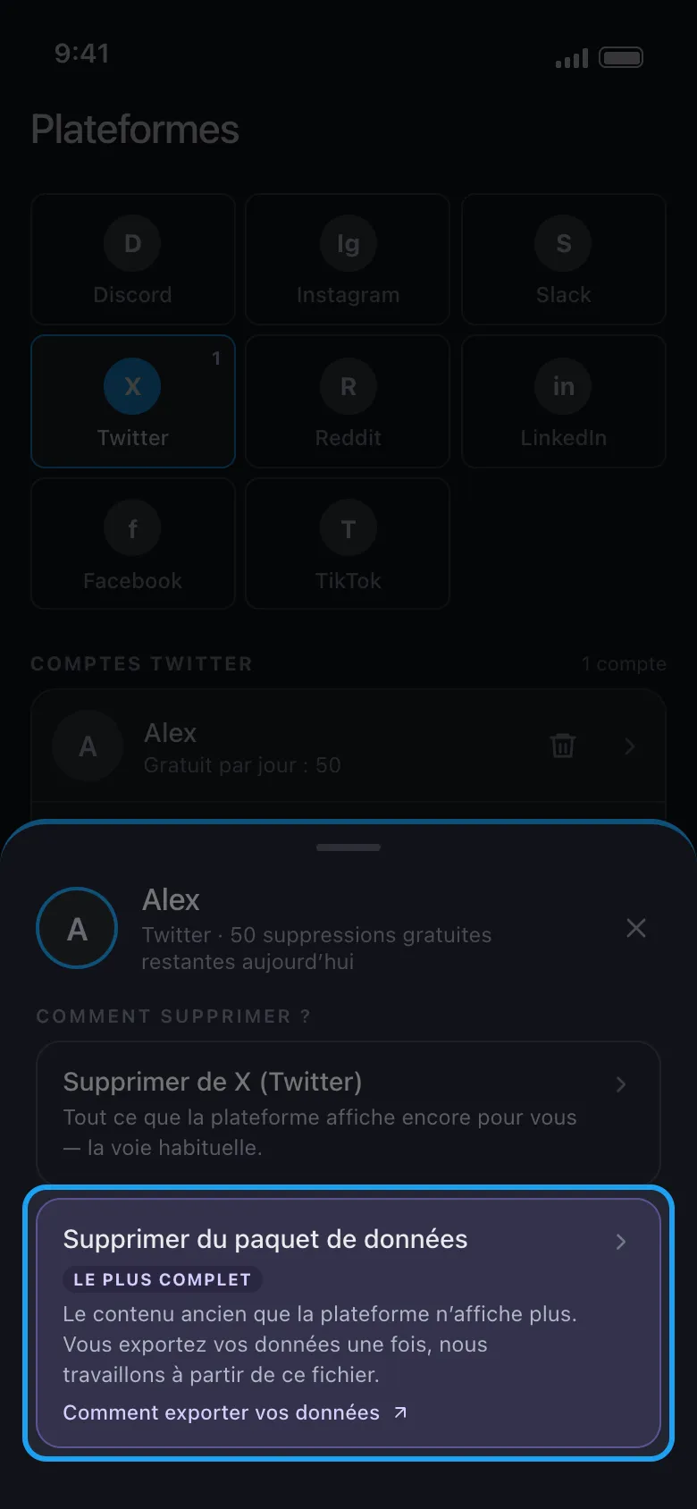 Fenêtre d'actions Unpost avec l'option Supprimer du paquet de données mise en évidence