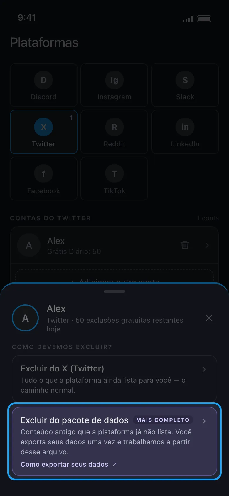 Menu de ações do Unpost com a opção "Excluir do pacote de dados" em destaque