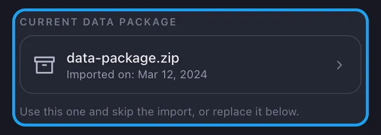 Unpost current data package card with the imported archive ready to reuse