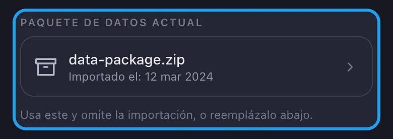 Tarjeta Paquete de datos actual de Unpost con el archivo importado listo para reutilizar