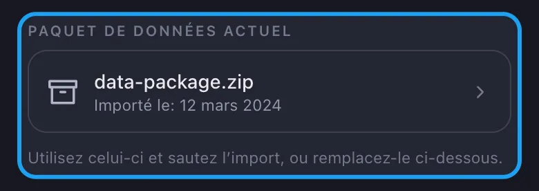 Carte Paquet de données actuel d'Unpost avec l'archive importée prête à être réutilisée
