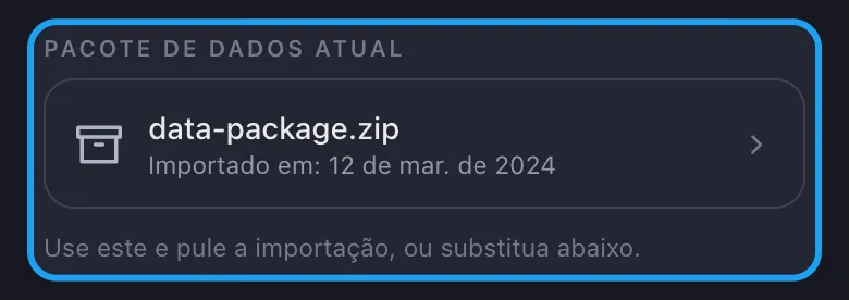 Cartão "Pacote de Dados Atual" do Unpost com o arquivo importado pronto para reutilizar