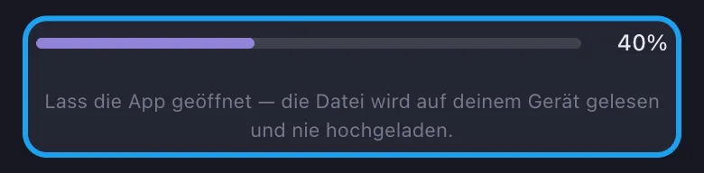 Unpost Import‑Fortschrittsbalken mit dem Hinweis, dass das Archiv lokal auf dem Gerät gelesen wird