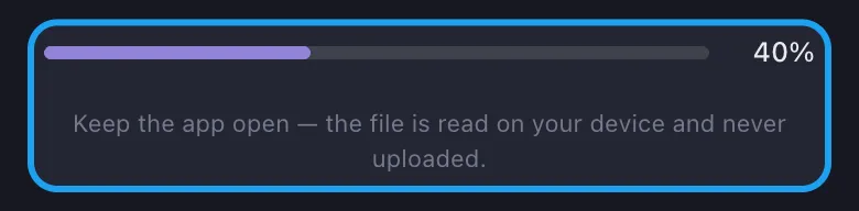 Progress bar impor Unpost yang membaca arsip di perangkat