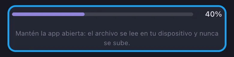 Barra de progreso de importación de Unpost indexando el archivo en el dispositivo