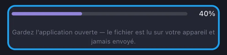 Barre de progression d'import Unpost lisant l'archive sur l'appareil