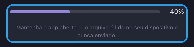 Barra de progresso de importação do Unpost mostrando a leitura do arquivo no dispositivo