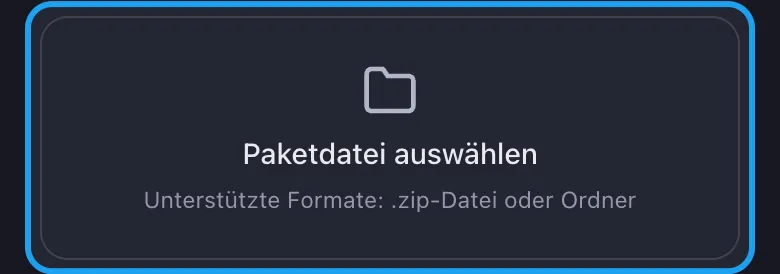 Unpost Import‑Karte mit der Schaltfläche „Paketdatei auswählen“ hervorgehoben