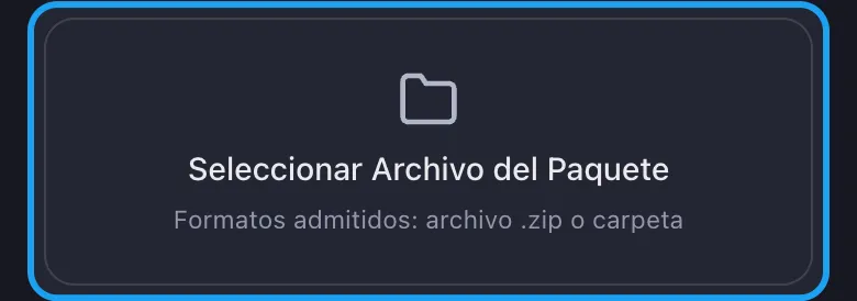 Tarjeta de importación de Unpost con el botón Seleccionar Archivo del Paquete resaltado