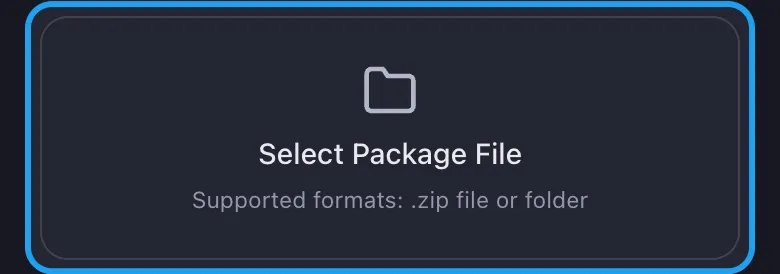 Lembar impor Unpost dengan tombol Select Package File disorot