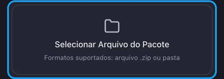 Tela de importação do Unpost com o botão "Selecionar Arquivo do Pacote" em destaque