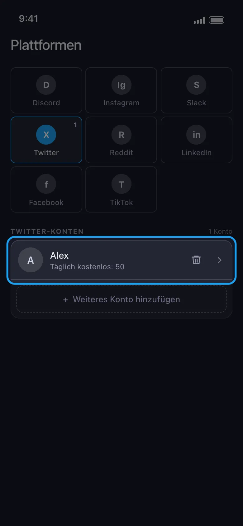 Unpost Startbildschirm mit dem verbundenen X (Twitter)-Konto hervorgehoben