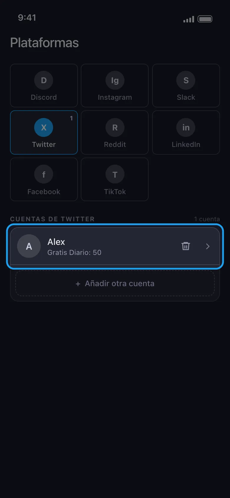 Pantalla de inicio de Unpost con la cuenta de Twitter/X conectada resaltada