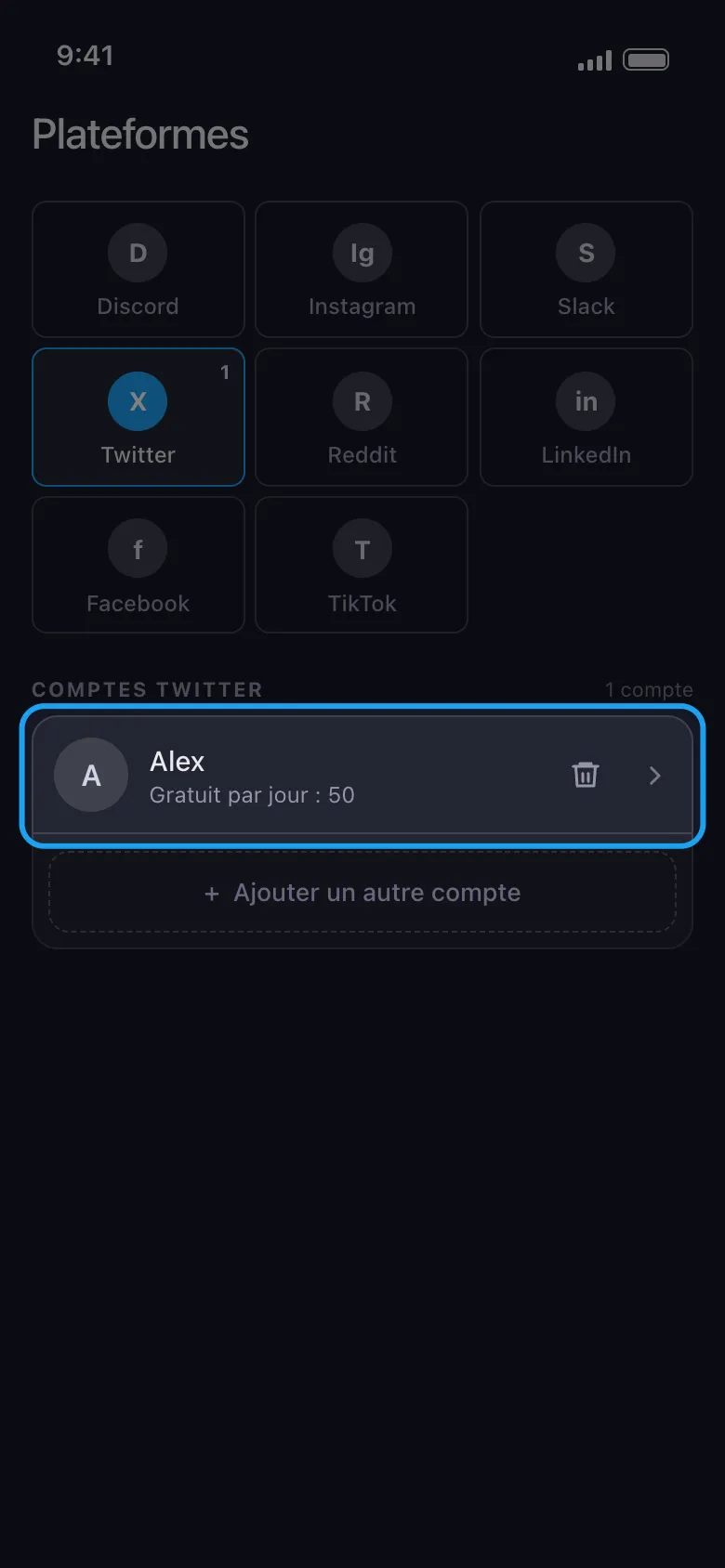 Écran d'accueil Unpost avec la ligne du compte Twitter/X connecté mise en évidence