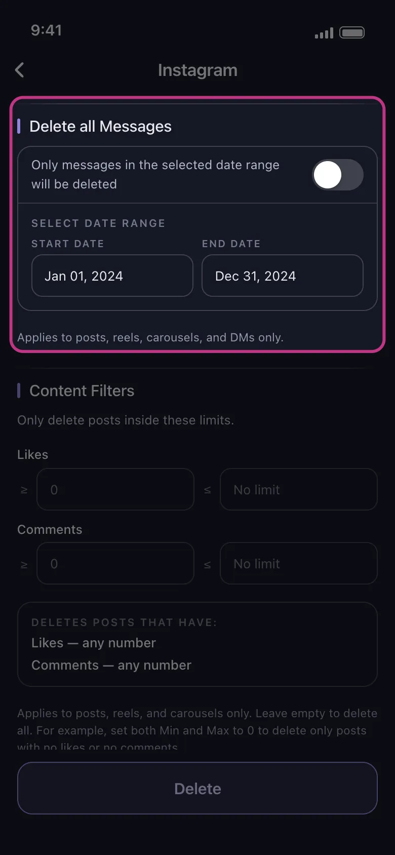 Instagram’s options with the date range section highlighted, set from Jan 01, 2024 to Dec 31, 2024.