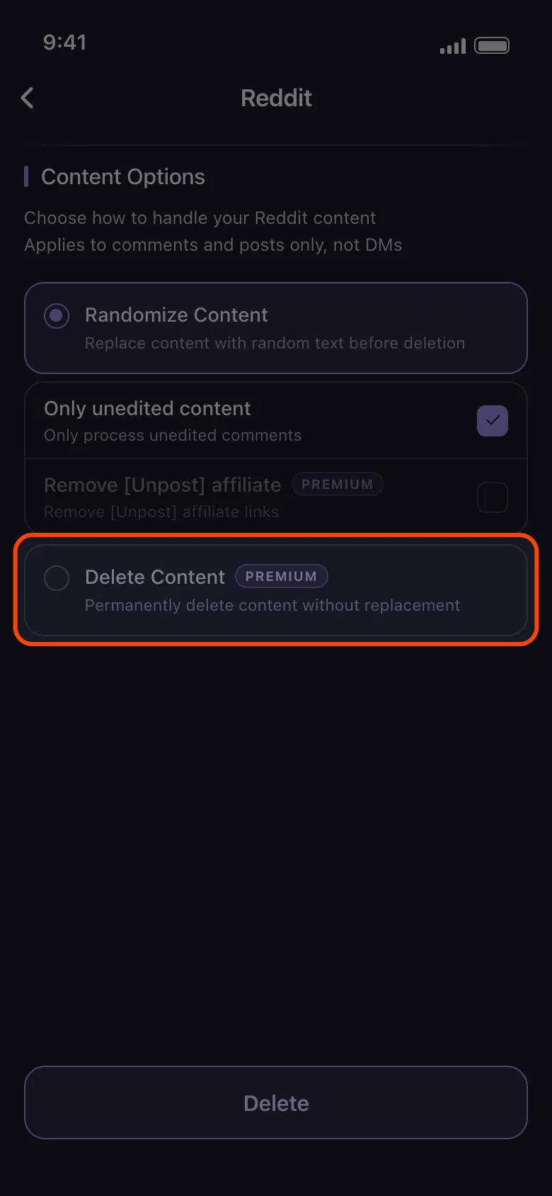 The Delete Content option highlighted, marked Premium.