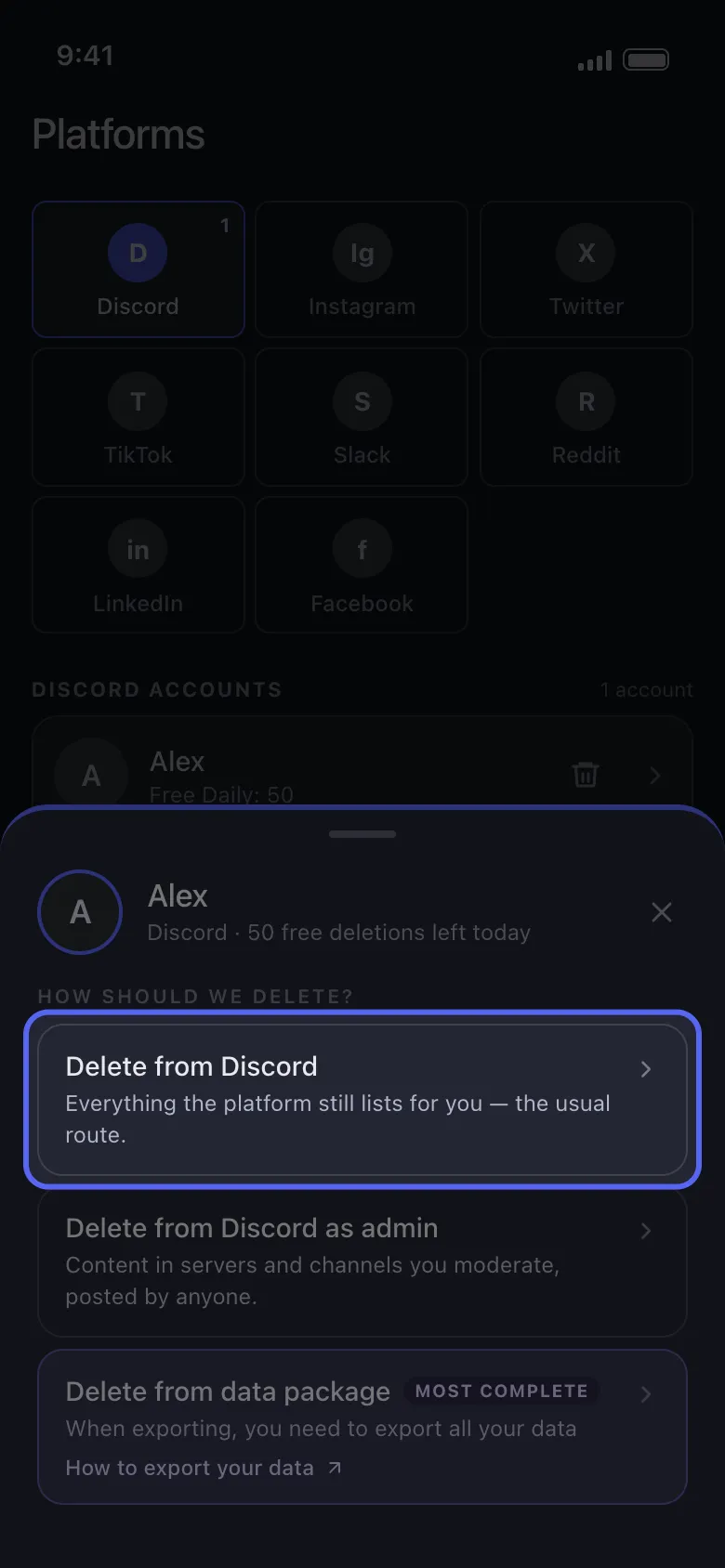 The How should we delete? sheet for Discord with Delete from Discord highlighted.