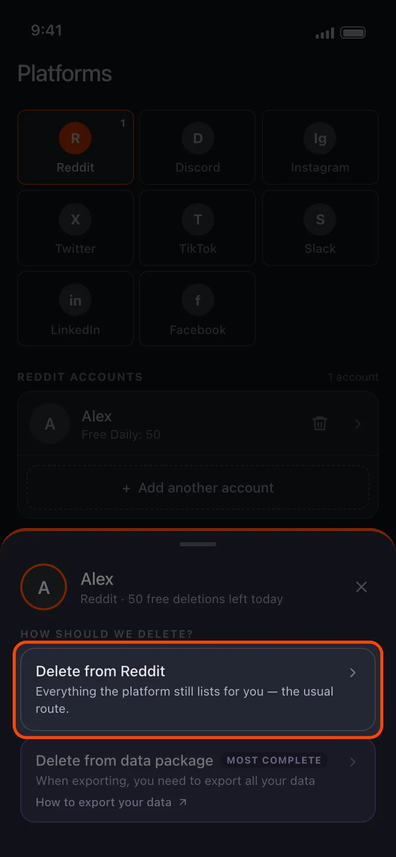 The How should we delete? sheet for Reddit with Delete from Reddit highlighted.
