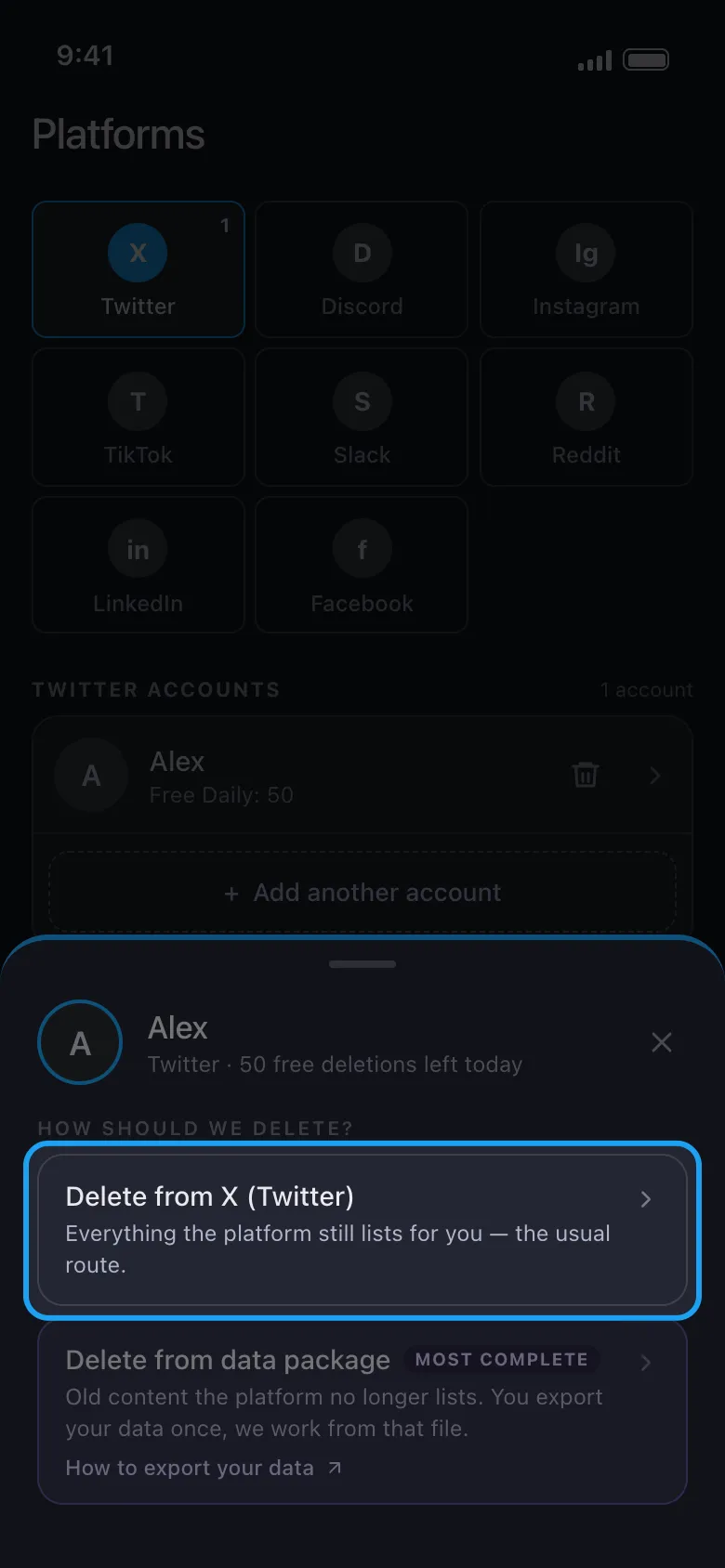 The How should we delete? sheet with Delete from X (Twitter) highlighted.
