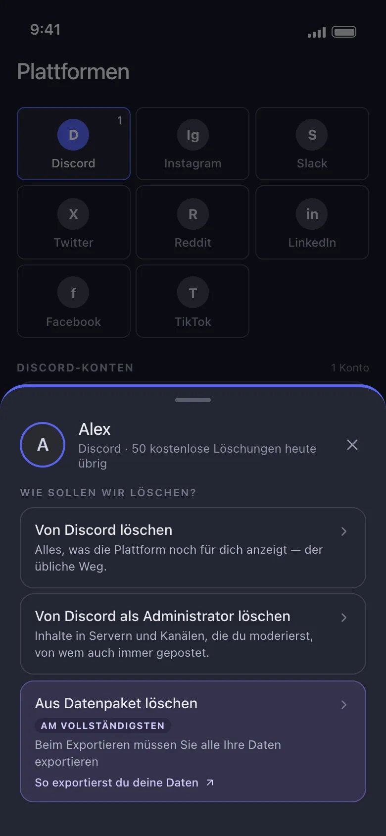 Unpost-Aktionsblatt für Discord mit den Optionen „Von Discord löschen“, „Von Discord als Administrator löschen“ und „Aus Datenpaket löschen“
