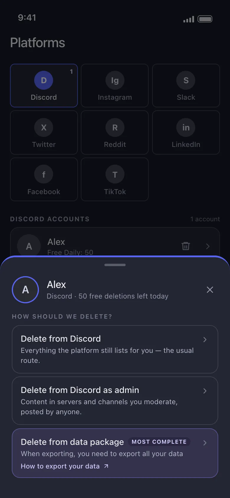 Unpost account sheet for Discord offering delete from Discord, delete as admin and delete from a data package