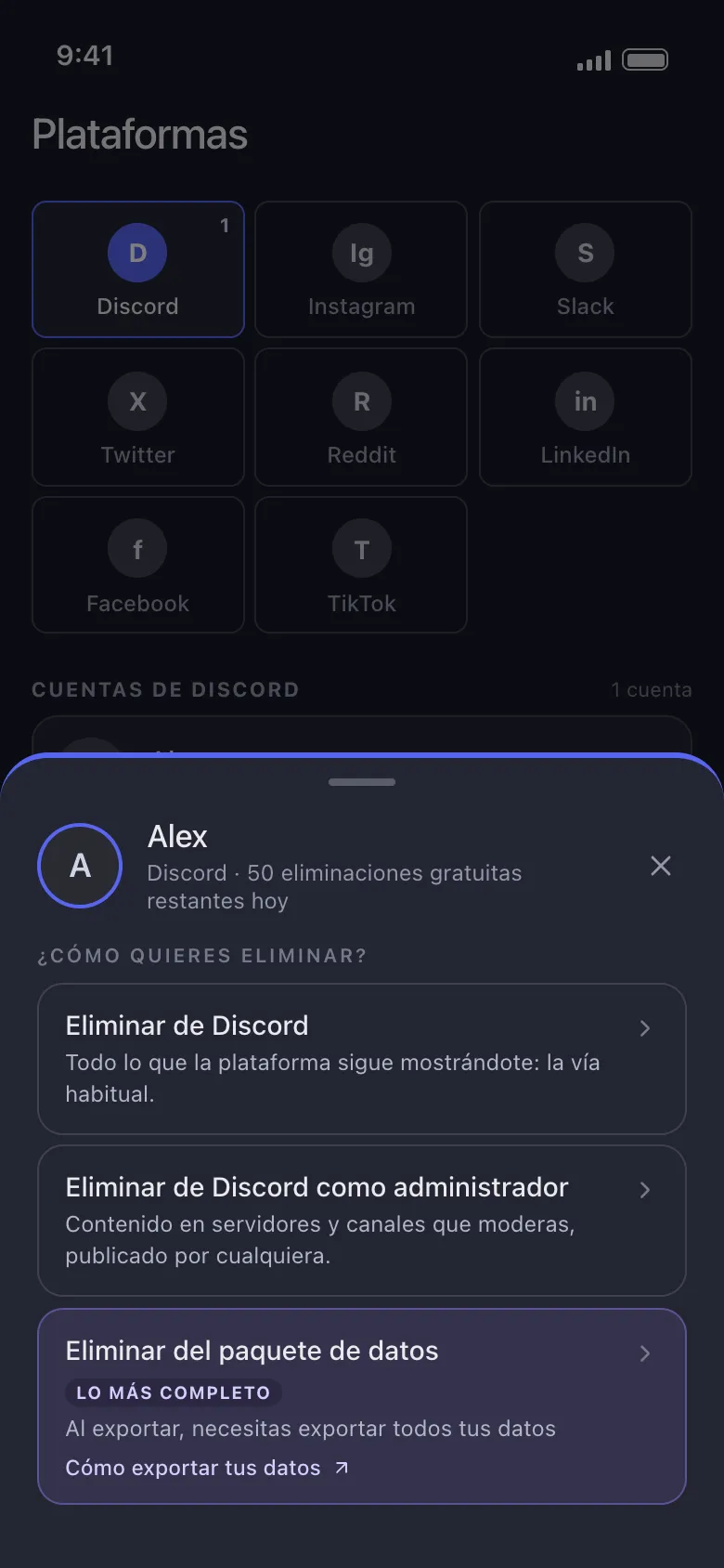 Hoja de acciones de la cuenta de Discord en Unpost con eliminar de Discord, como administrador y desde un paquete de datos