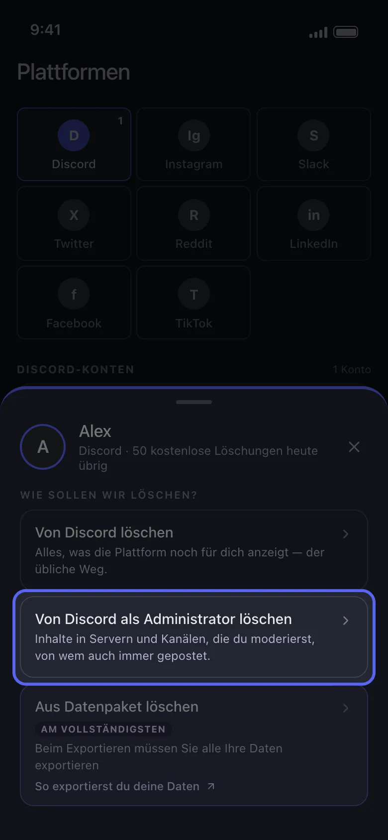Unpost-Kontoauswahl mit hervorgehobener Option „Von Discord als Administrator löschen“