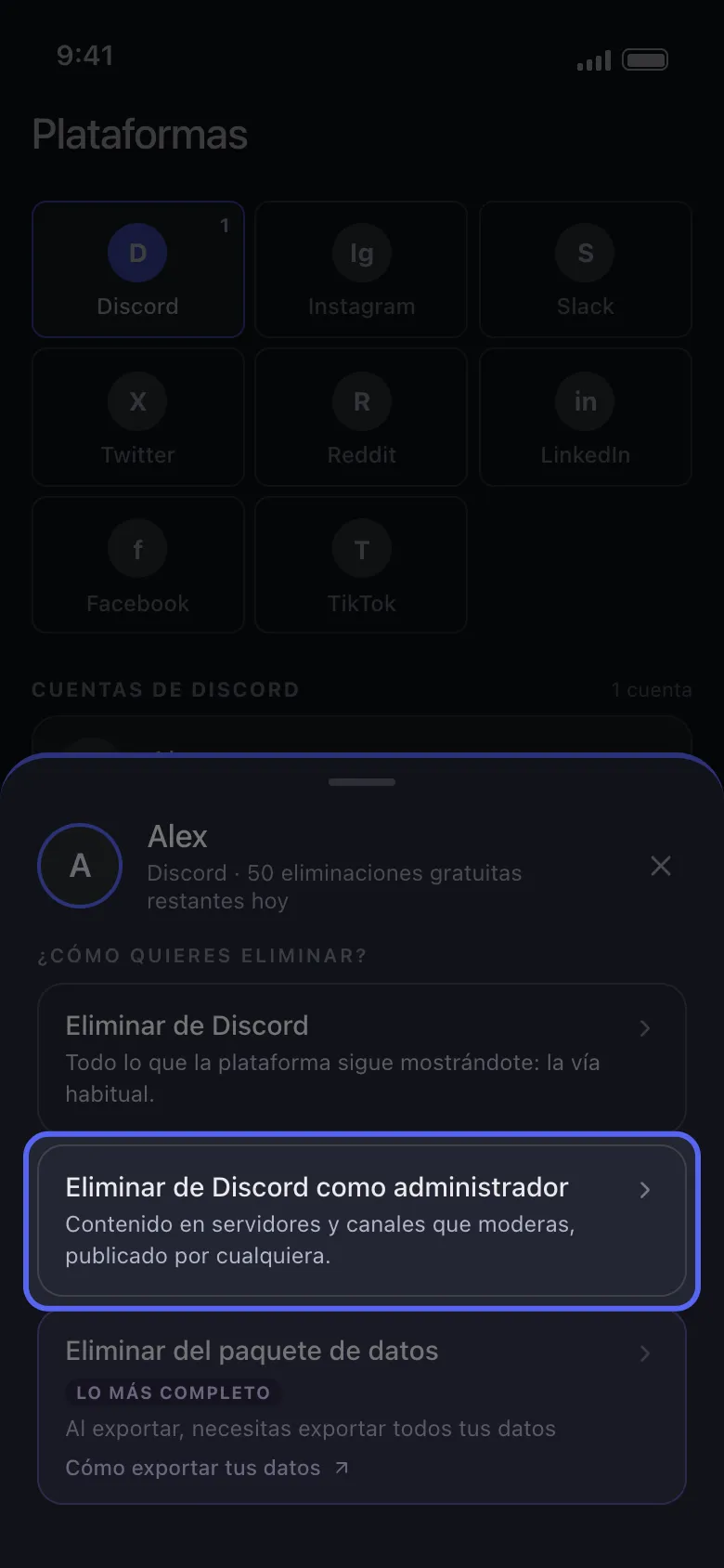 Hoja de cuenta de Discord en Unpost con la opción Eliminar de Discord como administrador