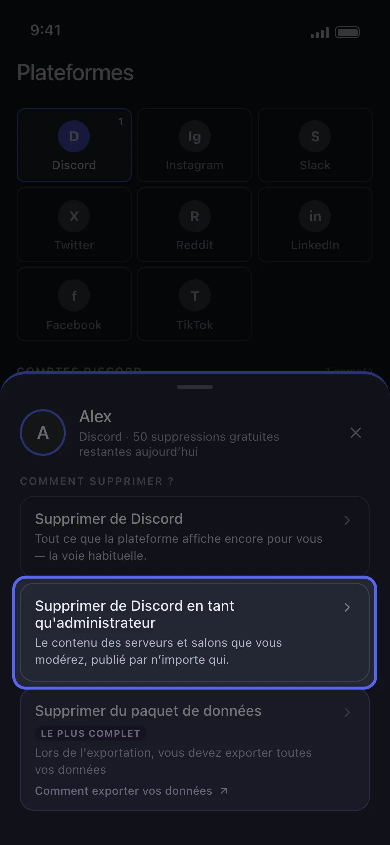 Fiche de compte Discord d'Unpost avec l'option Supprimer de Discord en tant qu'administrateur mise en avant