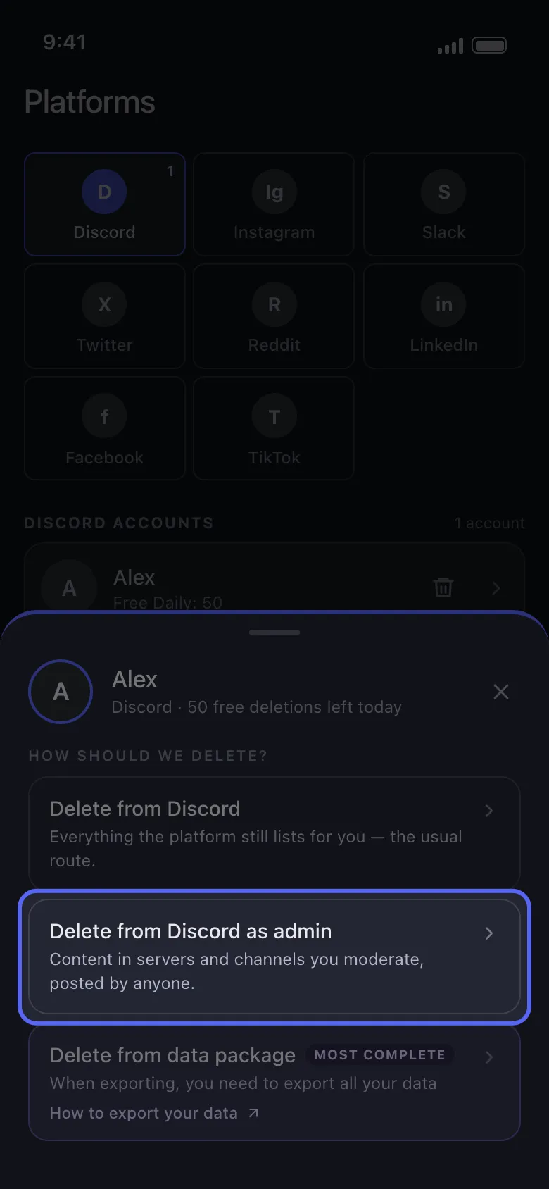 Unpost'un Discord hesap sayfasında Delete from Discord as Admin seçeneğinin vurgulandığı görünüm