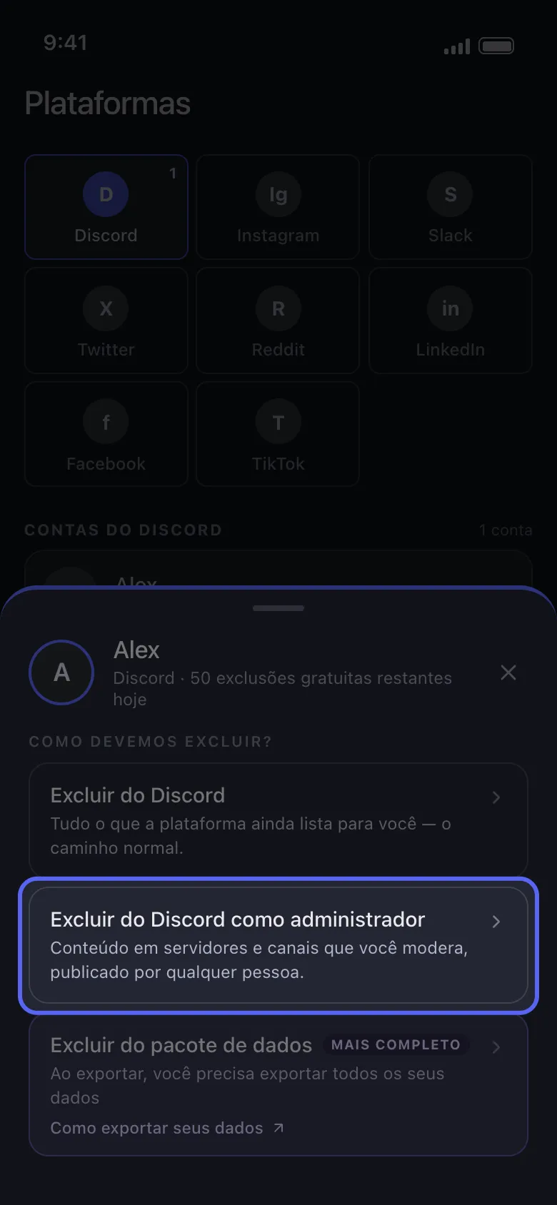 A folha de conta do Discord no Unpost com a opção Excluir do Discord como administrador em destaque