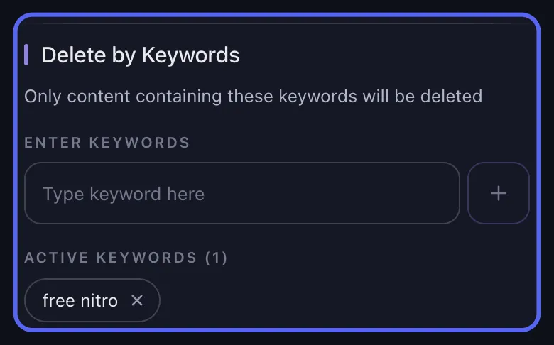 Unpost Discord delete options with the keyword filter highlighted