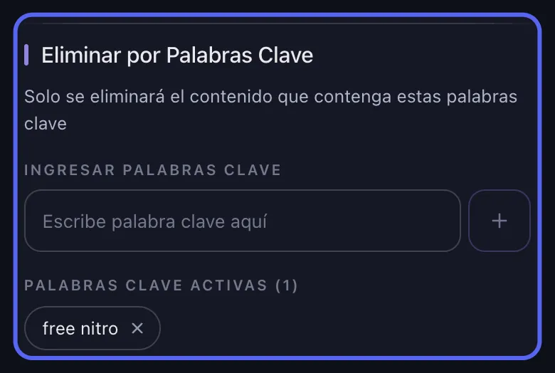 Opciones de eliminación de Discord en Unpost con el filtro de palabras clave destacado