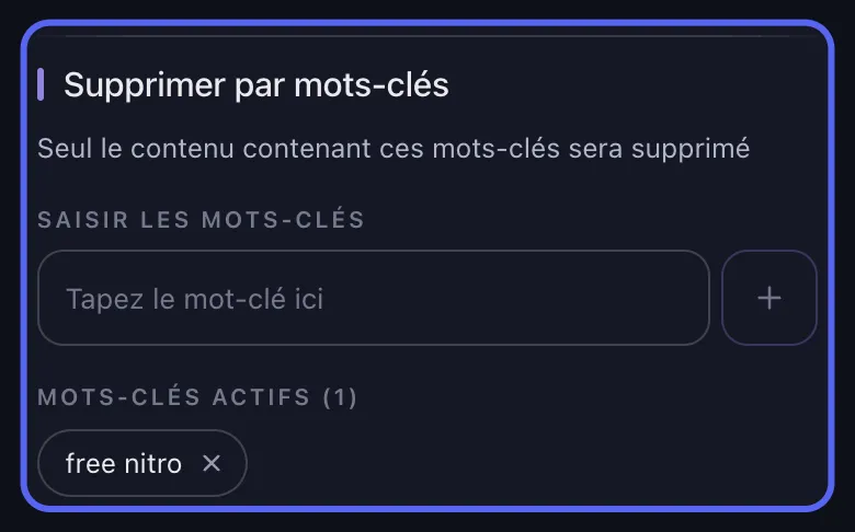 Options de suppression Discord dans Unpost avec le filtre par mot-clé mis en avant
